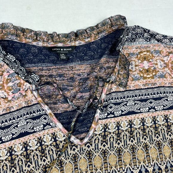 Lucky Brand Boho Patchwork Print Ruffle Trim Blouse Large Festival Soft Flowy - Picture 4 of 11